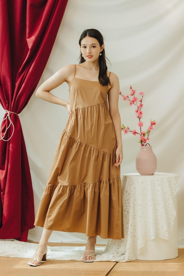 Celene Tiered Maxi Dress in Brown 
