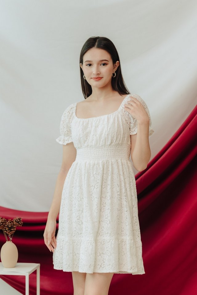 *ONLINE EXCLUSIVE* Lacey Lace Smocked Dress in White 
