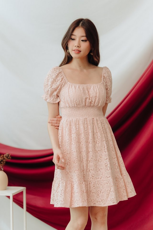 Lacey Lace Smocked Dress in Blush Pink