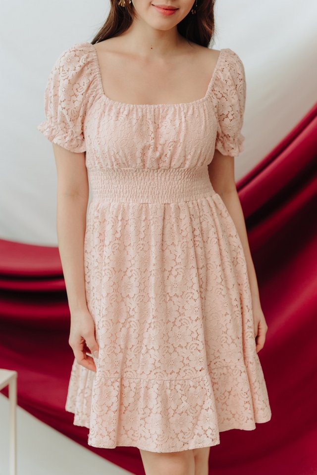 Lacey Lace Smocked Dress in Blush Pink