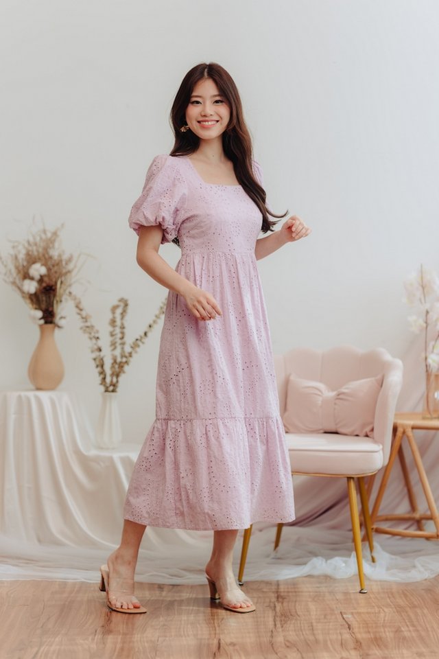 Bessie Eyelet Square Neck Maxi Dress in Pink