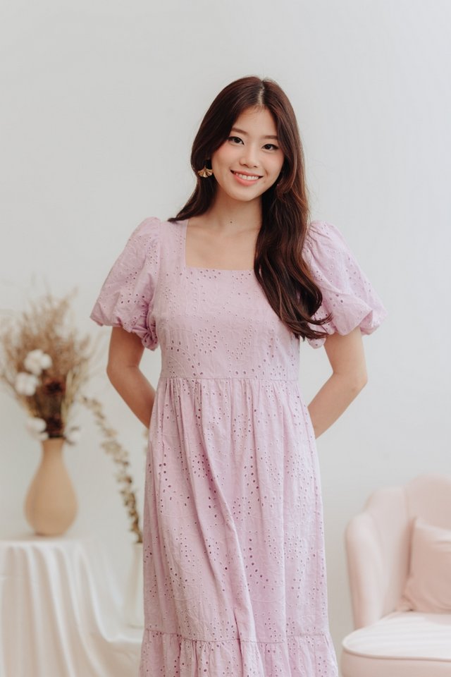 Bessie Eyelet Square Neck Maxi Dress in Pink