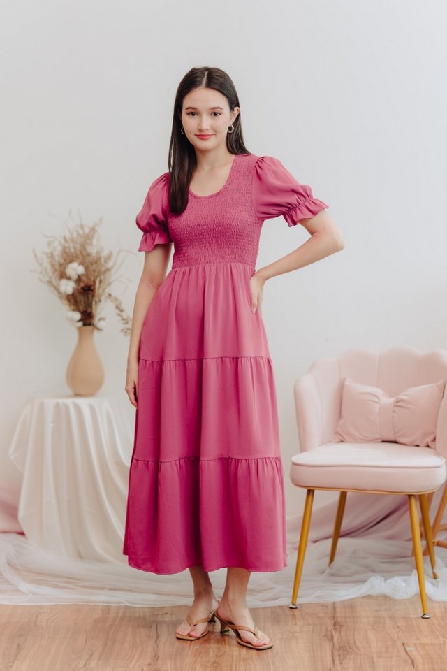 Tarina Smocked Tiered Maxi Dress in Rose Pink
