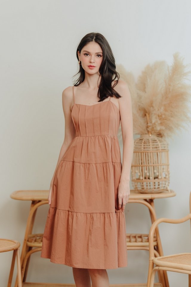 Amber Tiered Camisole Midi Dress in Brown 