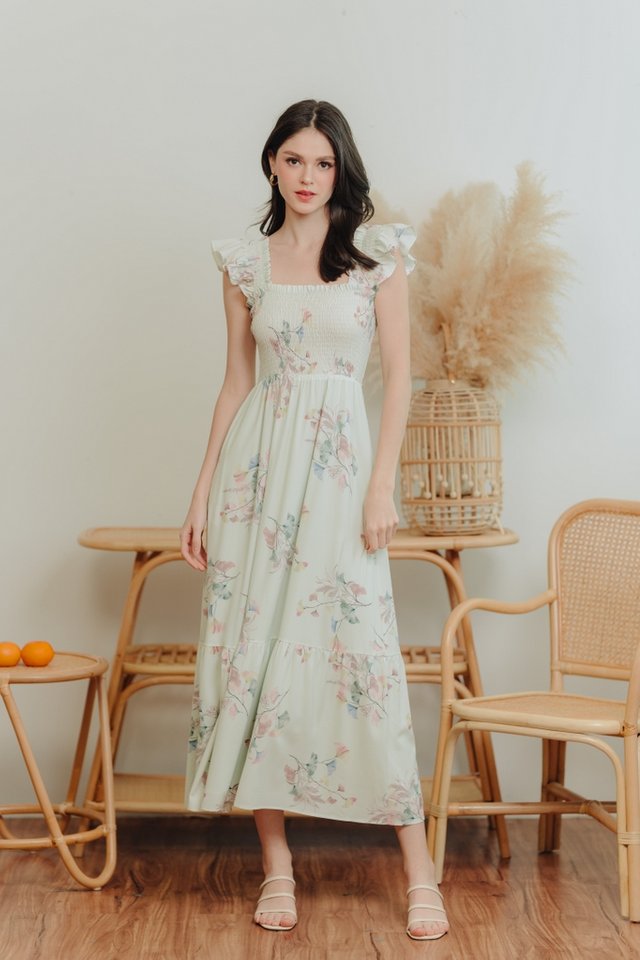 Angel Florals Smocked Maxi Dress in Sage