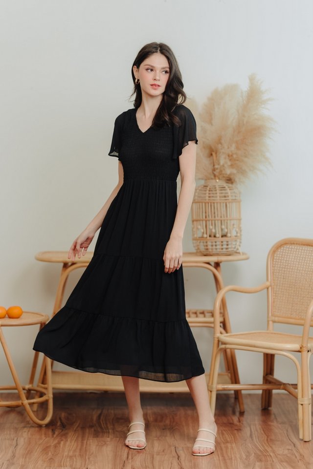 Callie Smocked Tiered Maxi Dress in Black (XS)