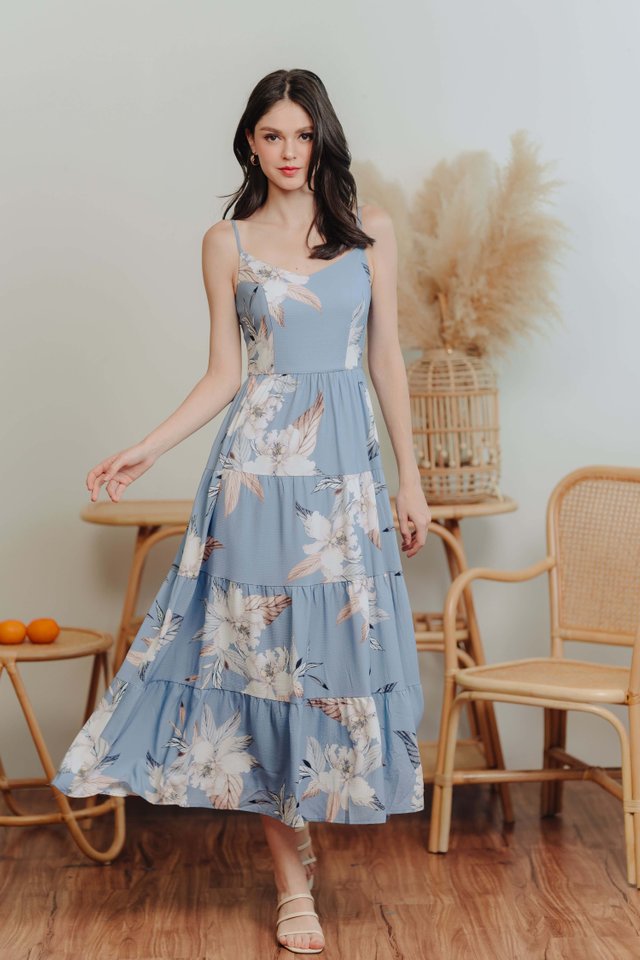 Elsa Tiered Floral Maxi Dress in Blue
