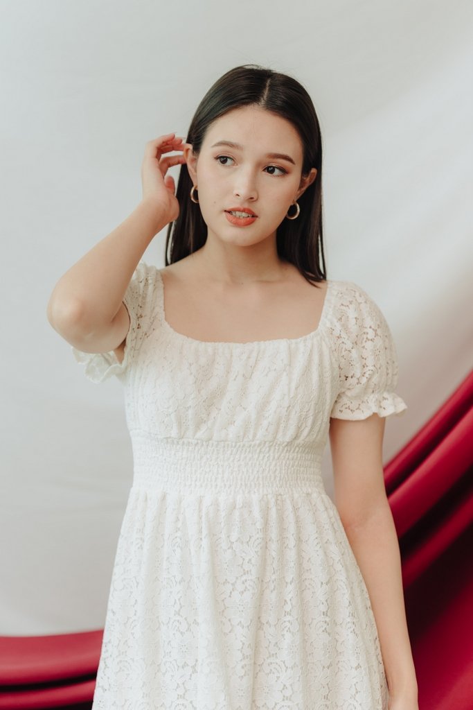 Lacey Lace Smocked Dress in White (XS)