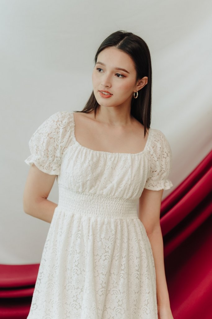 Lacey Lace Smocked Dress in White (XS)