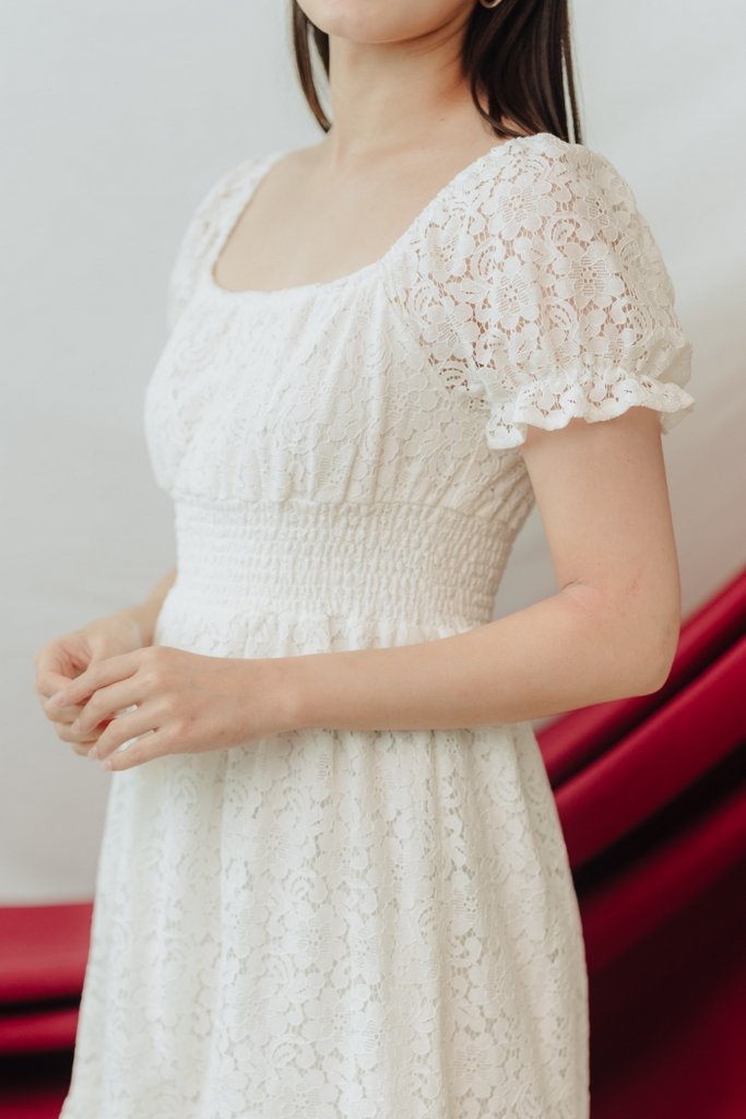 Lacey Lace Smocked Dress in White (XS)