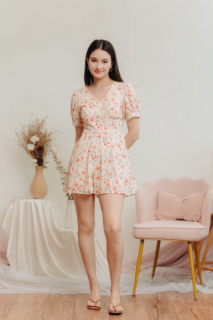 Godet Floral Eyelet Romper in Cream (XS)