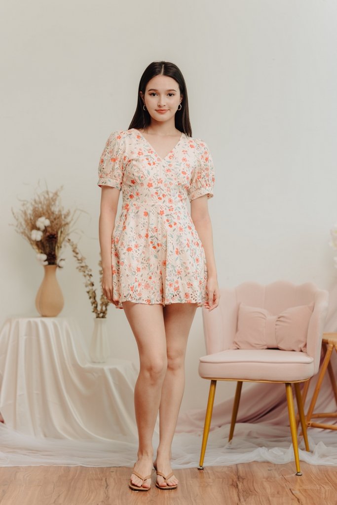 Godet Floral Eyelet Romper in Cream (XS)