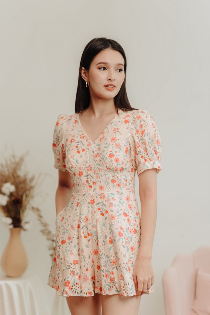 Godet Floral Eyelet Romper in Cream (XS)