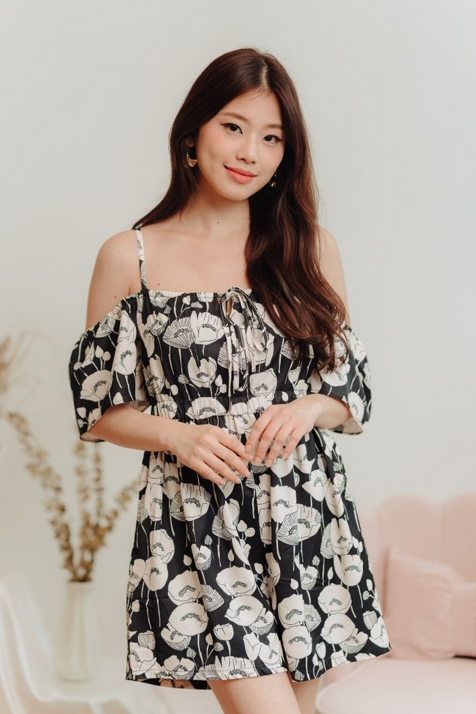 Calia Cold Shoulder Printed Romper in Black