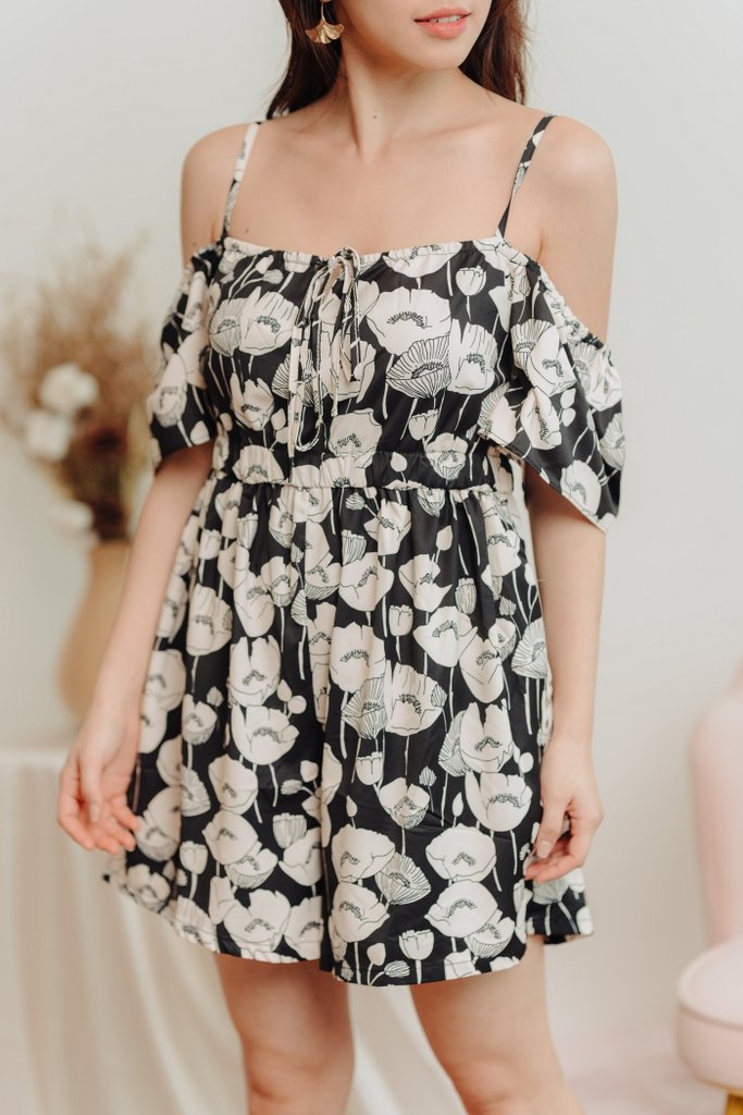 Calia Cold Shoulder Printed Romper in Black