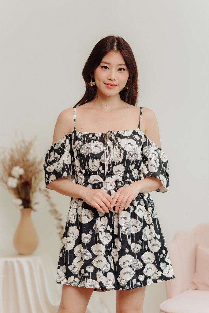Calia Cold Shoulder Printed Romper in Black