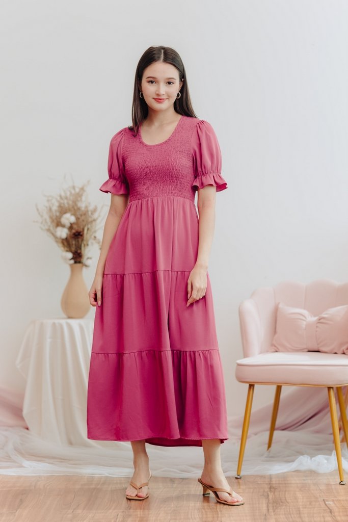 Tarina Smocked Tiered Maxi Dress in Rose Pink (XS)