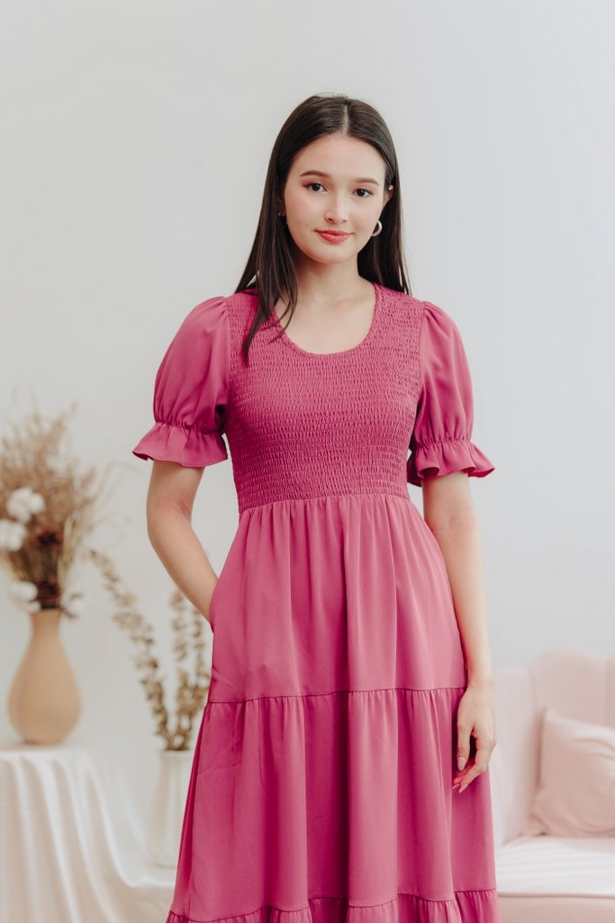 Tarina Smocked Tiered Maxi Dress in Rose Pink (XS)