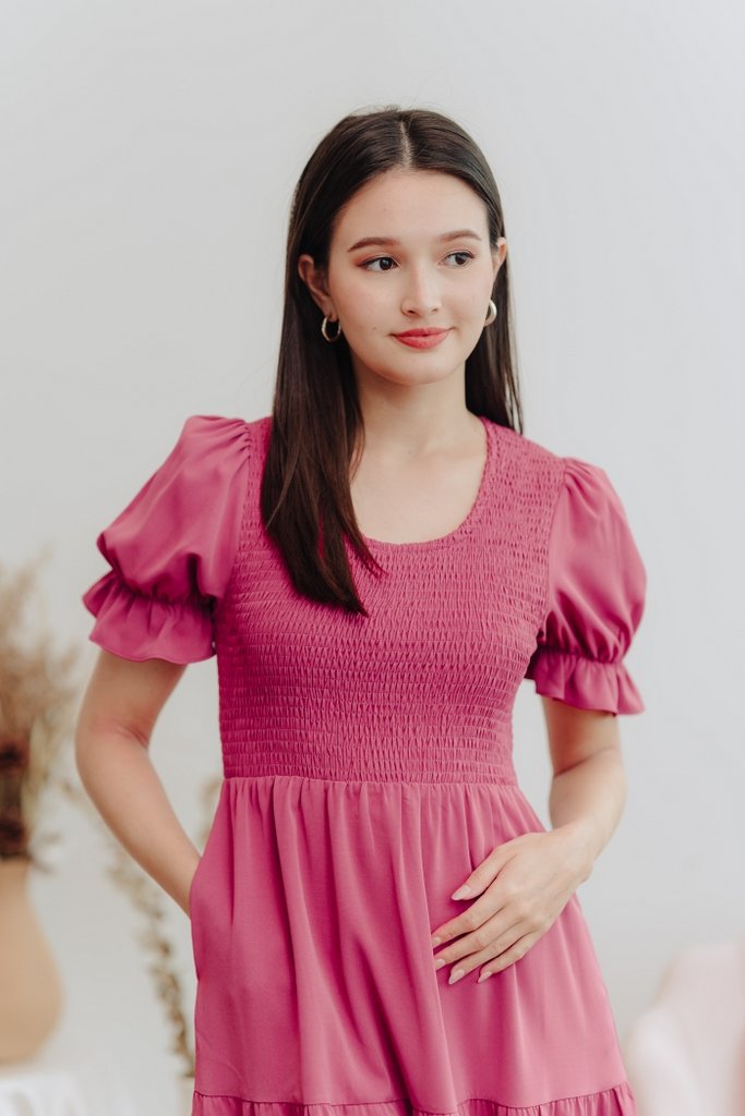 Tarina Smocked Tiered Maxi Dress in Rose Pink (XS)
