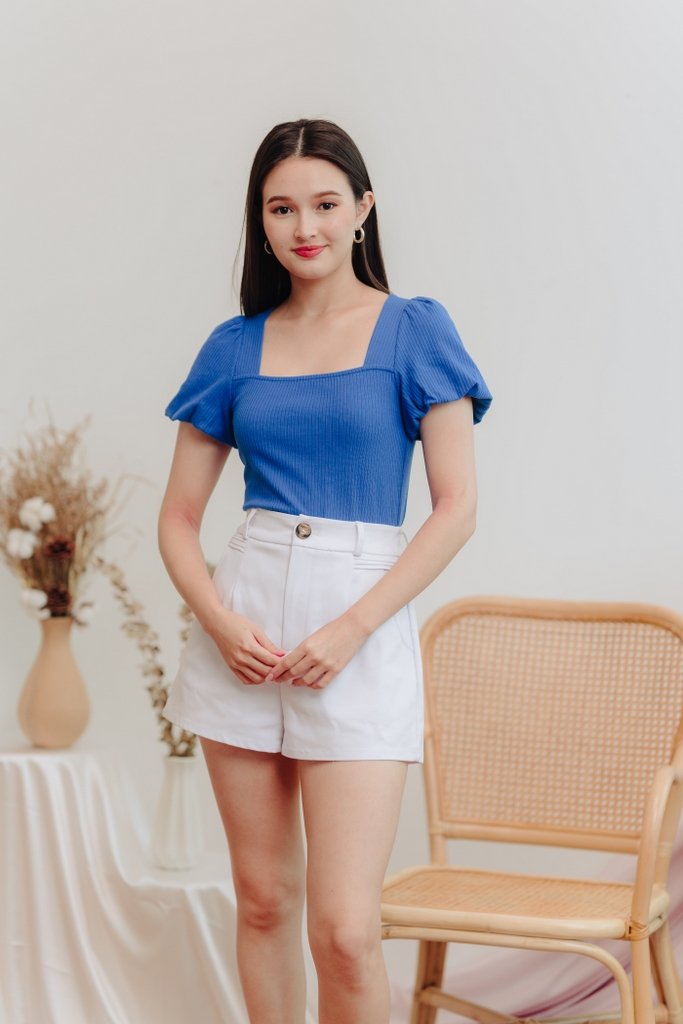 Janelia Ribbed Puffed Sleeves Top in Cobalt Blue (XS)