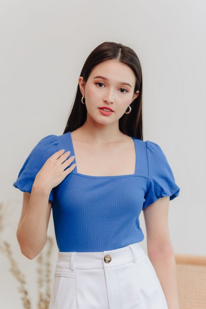 Janelia Ribbed Puffed Sleeves Top in Cobalt Blue (XS)