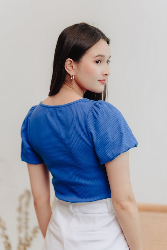 Janelia Ribbed Puffed Sleeves Top in Cobalt Blue (XS)