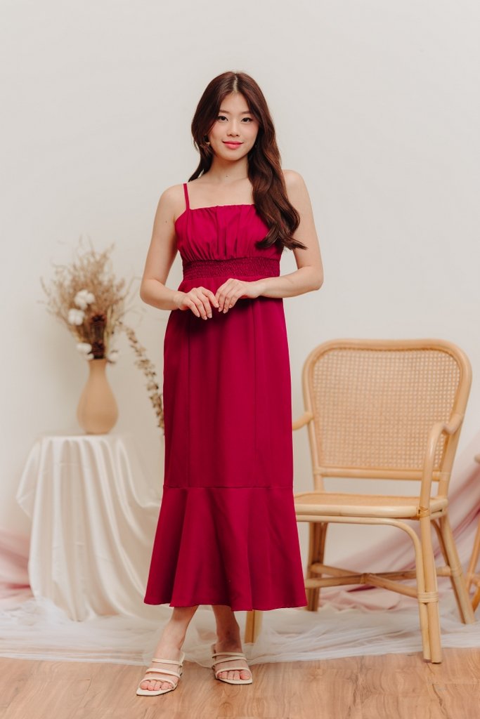 Coro Smocked Mermaid Midi Dress in Wine