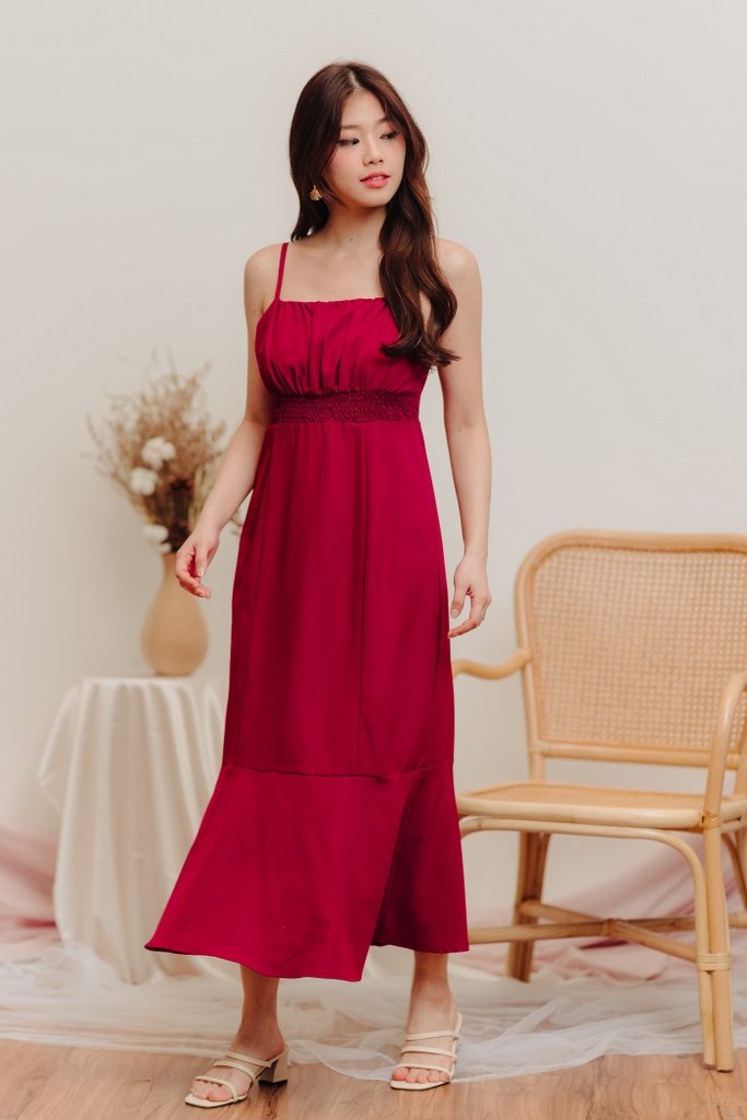 Coro Smocked Mermaid Midi Dress in Wine