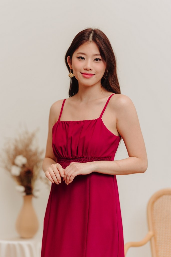 Coro Smocked Mermaid Midi Dress in Wine