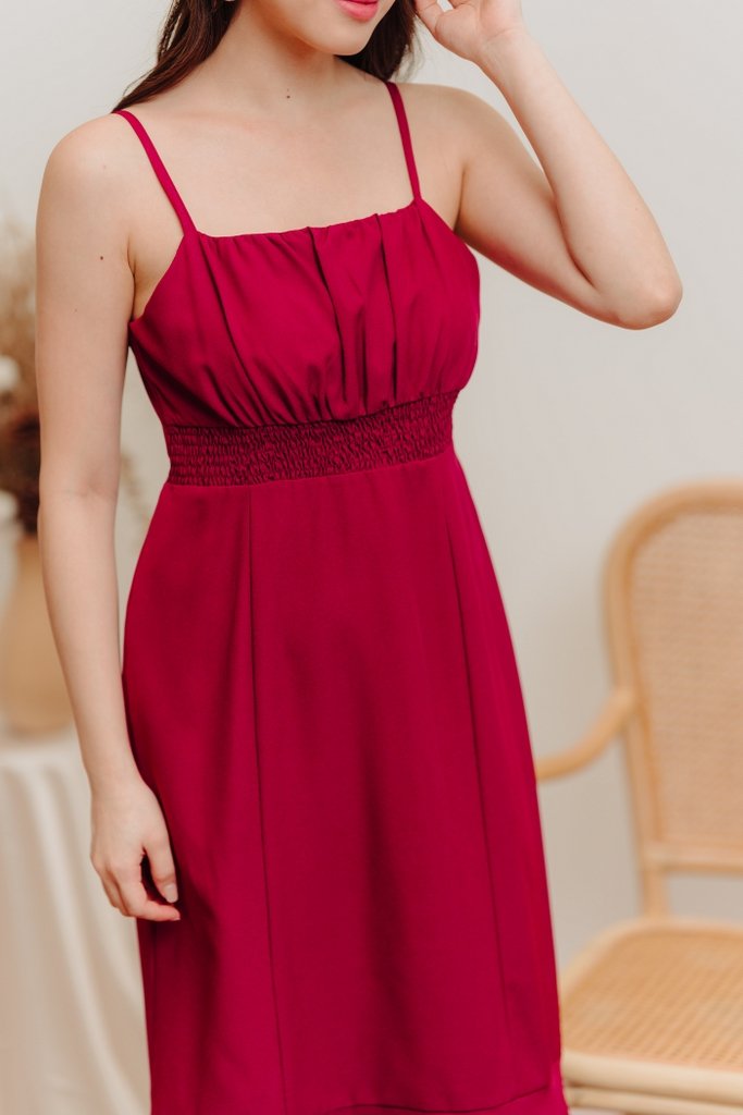 Coro Smocked Mermaid Midi Dress in Wine