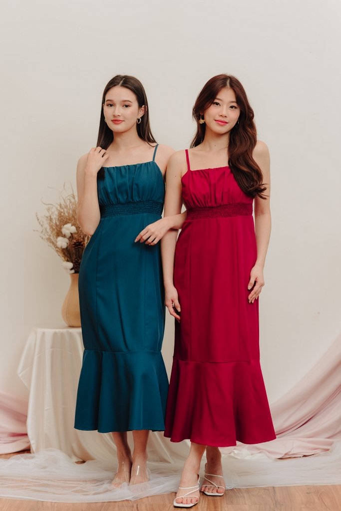 Coro Smocked Mermaid Midi Dress in Wine