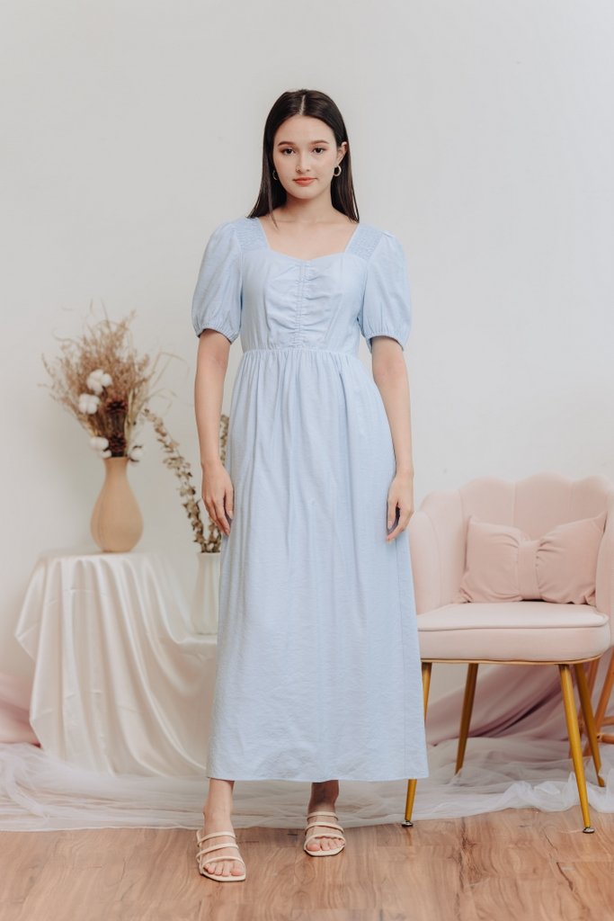 Mayla Ruched Maxi Dress in Powder Blue (XS)