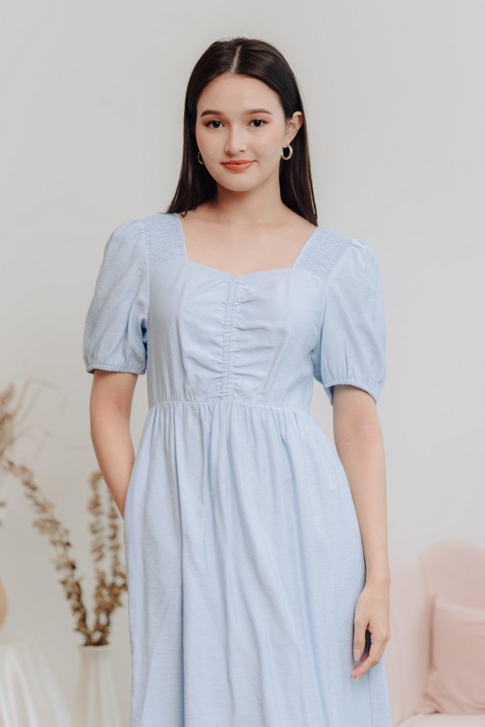 Mayla Ruched Maxi Dress in Powder Blue (XS)
