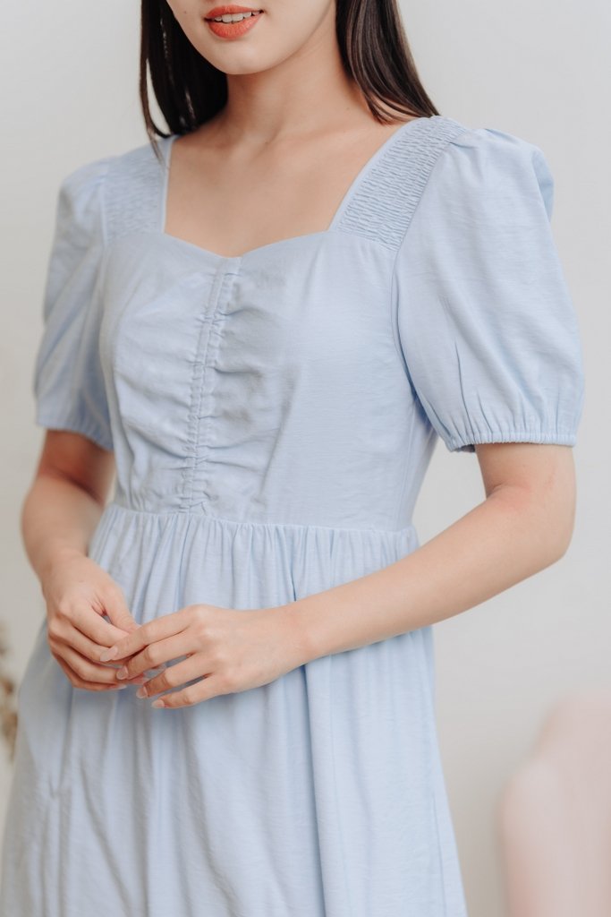 Mayla Ruched Maxi Dress in Powder Blue (XS)