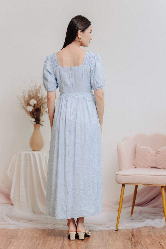 Mayla Ruched Maxi Dress in Powder Blue (XS)
