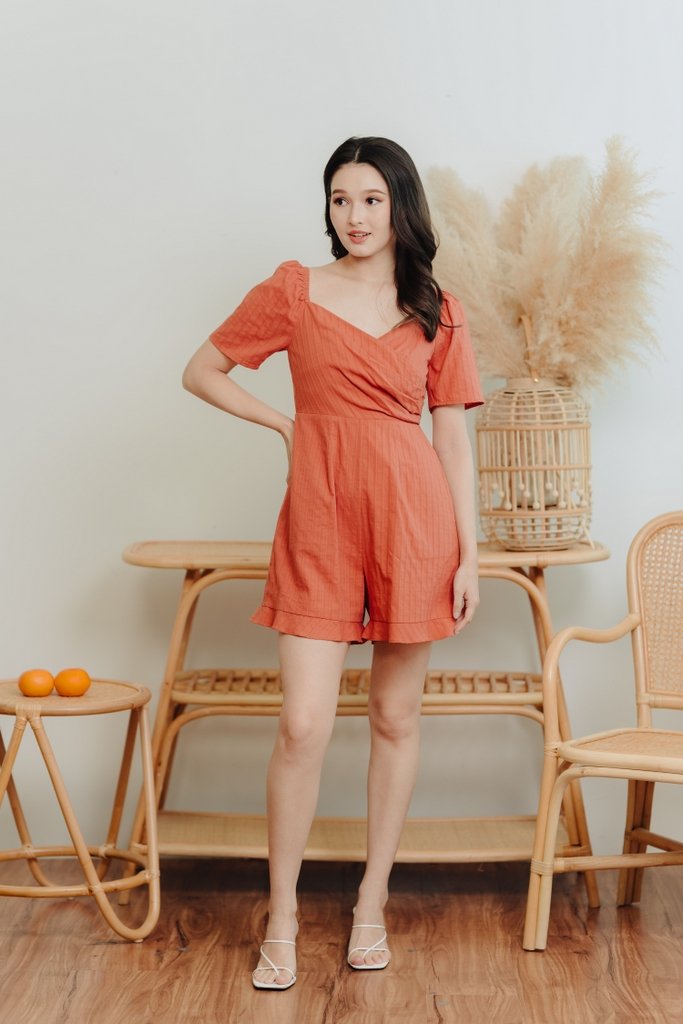 Becca Overlapping Sleeve Romper in Rust (XS)
