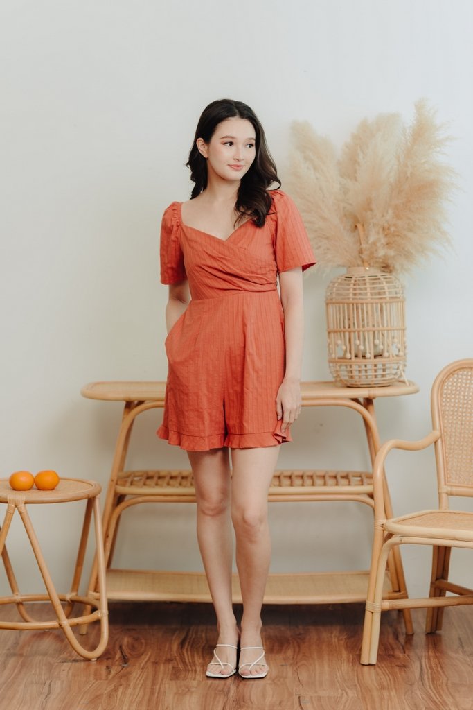 Becca Overlapping Sleeve Romper in Rust (XS)