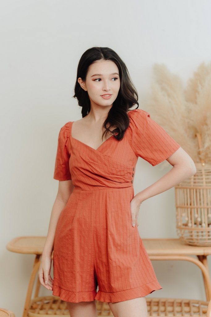 Becca Overlapping Sleeve Romper in Rust (XS)